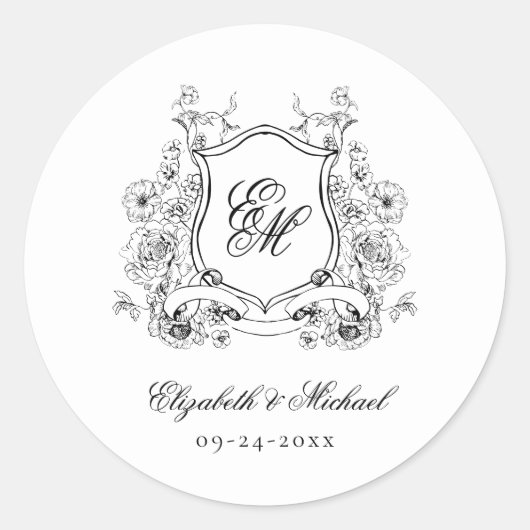 Floral Crest Monogram Elegant Trouwen Ronde Sticker (Voorkant)