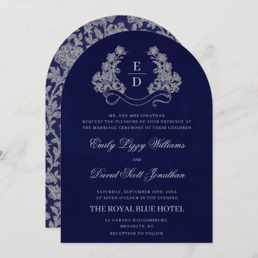 Floral Crest Monogram Navy Heritage Wedding Kaart (Voorkant / Achterkant)