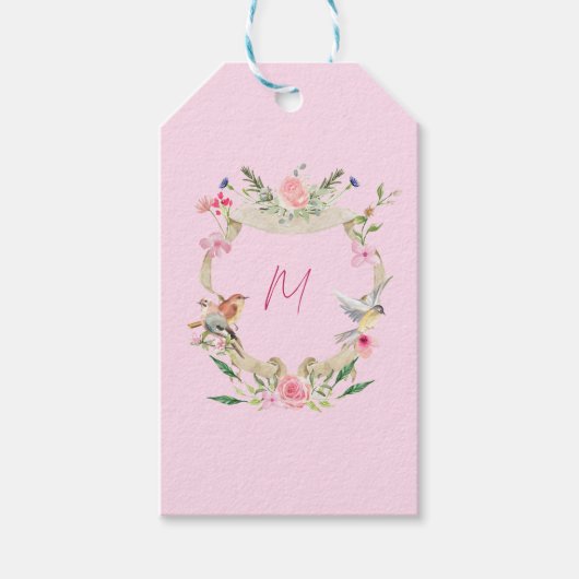 Floral Crest Monogram Roze Cadeaulabel (Voorkant)