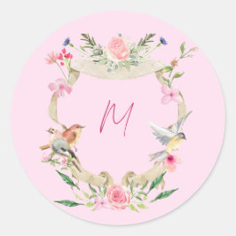Floral Crest Monogram Roze Ronde Sticker