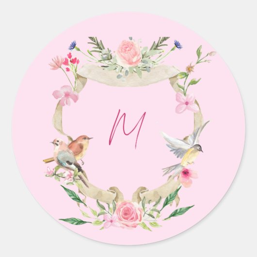 Floral Crest Monogram Roze Ronde Sticker (Voorkant)