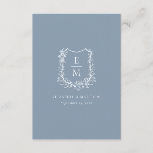Floral Crest Monogram Stoffig Blauw Huwelijksrecep Informatiekaartje (Achterkant)
