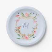 Floral Crest Monogrammed Blauw Papieren Bordje (Voorkant)