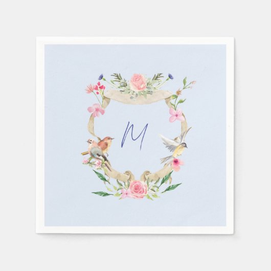 Floral Crest Monogrammed Blauw Servet (Voorkant)