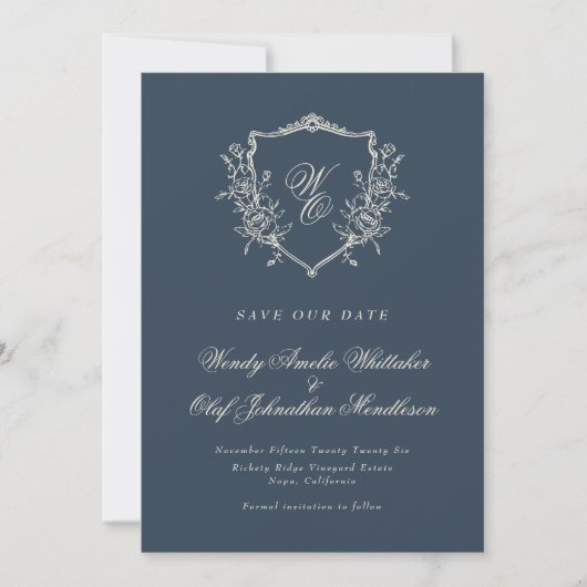 Floral Crest Navy & Cream Monogram Foto Save The Date (Voorkant)