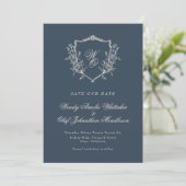 Floral Crest Navy & Cream Monogram Foto Save The Date (Staand voorkant)