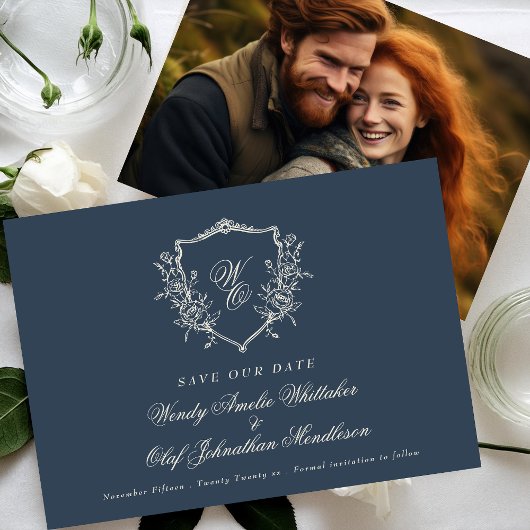 Floral Crest Navy & Cream Monogram Foto Save The Date