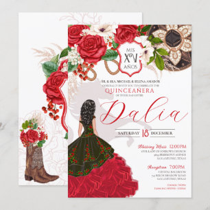 Floral Crest Red Rose Charro Quinceañera Kaart