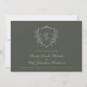  Floral Crest Sage op Olive Monogram Foto Save The Date (Voorkant)