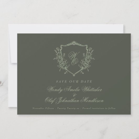  Floral Crest Sage op Olive Monogram Foto Save The Date (Voorkant)