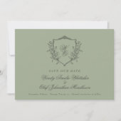  Floral Crest Sage op Olive Monogram Foto Save The Date (Voorkant)