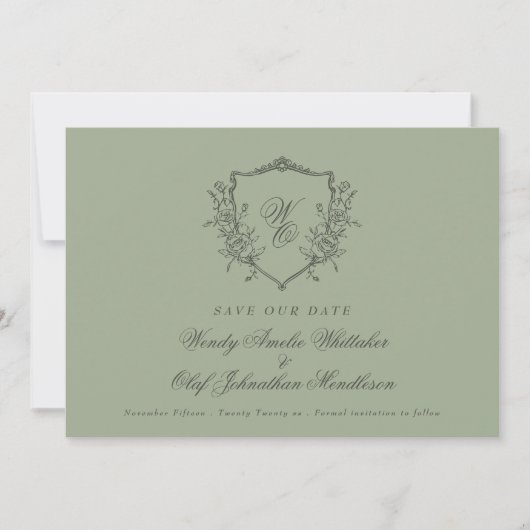  Floral Crest Sage op Olive Monogram Foto Save The Date (Voorkant)