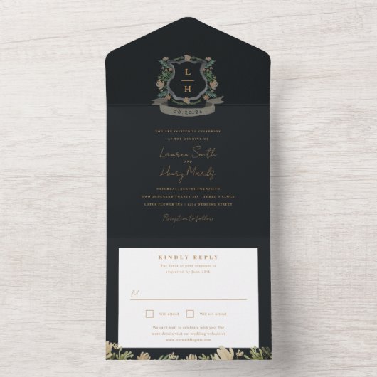 Floral Crest Waterverf Monogram Bruiloft All In One Uitnodiging (Binnen)