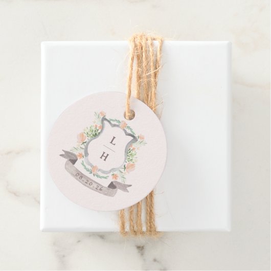 Floral Crest Waterverf Monogram Bruiloft Bedankjes Labels (In situ)