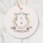 Floral Crest Waterverf Monogram Bruiloft Bedankjes Labels (Voorkant)