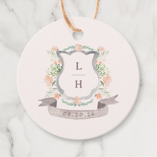 Floral Crest Waterverf Monogram Bruiloft Bedankjes Labels (Voorkant)