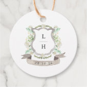 Floral Crest Waterverf Monogram Bruiloft Bedankjes Labels (Voorkant)