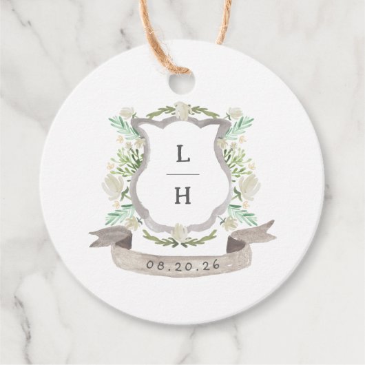 Floral Crest Waterverf Monogram Bruiloft Bedankjes Labels (Voorkant)