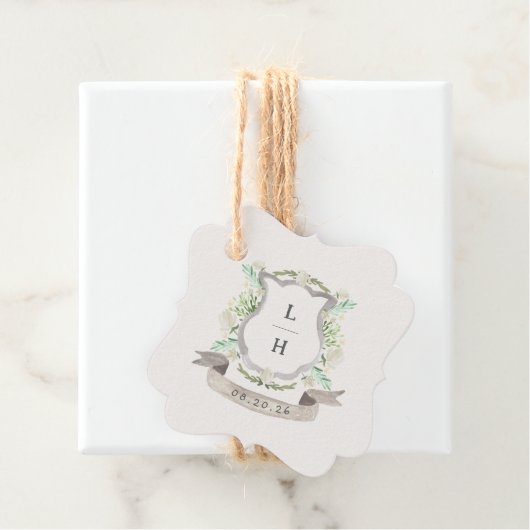 Floral Crest Waterverf Monogram Bruiloft Bedankjes Labels (In situ)