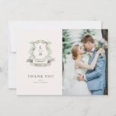 Floral Crest Waterverf Monogram Bruiloft Bedankkaart (Voorkant)