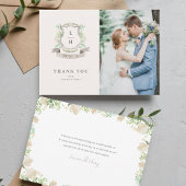 Floral Crest Waterverf Monogram Bruiloft Bedankkaart