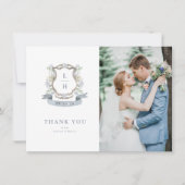 Floral Crest Waterverf Monogram Bruiloft Bedankkaart (Voorkant)