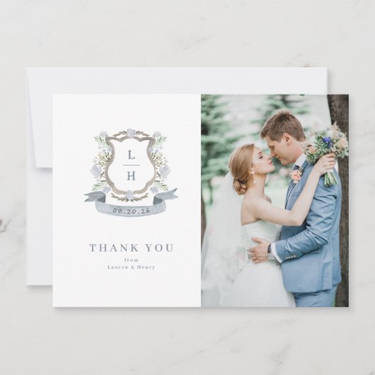 Floral Crest Waterverf Monogram Bruiloft Bedankkaart (Voorkant)
