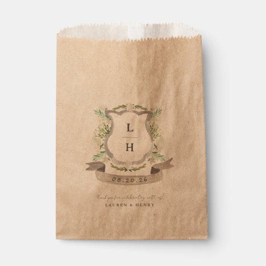 Floral Crest Waterverf Monogram Bruiloft Bedankzakje (Voorkant)