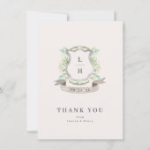 Floral Crest Waterverf Monogram Bruiloft Flat Bedankkaart (Voorkant)