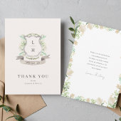 Floral Crest Waterverf Monogram Bruiloft Flat Bedankkaart