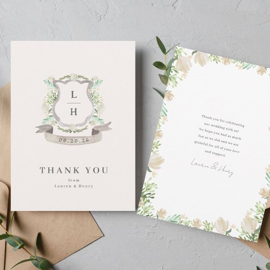 Floral Crest Waterverf Monogram Bruiloft Flat Bedankkaart