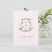 Floral Crest Waterverf Monogram Bruiloft Flat Bedankkaart (Staand voorkant)