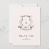 Floral Crest Waterverf Monogram Bruiloft Flat Bedankkaart (Voorkant)