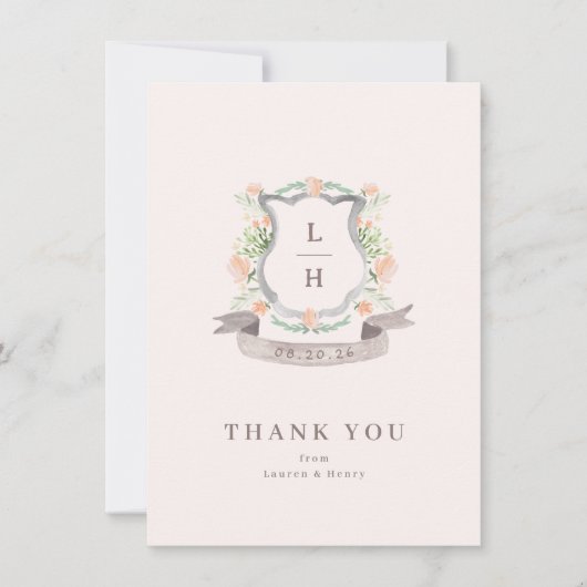 Floral Crest Waterverf Monogram Bruiloft Flat Bedankkaart (Voorkant)