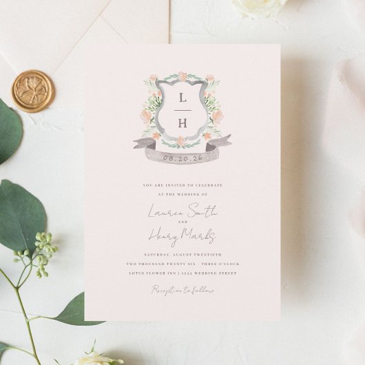 Floral Crest Waterverf Monogram Bruiloft Kaart