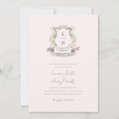 Floral Crest Waterverf Monogram Bruiloft Kaart (Voorkant)