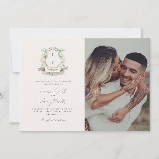 Floral Crest Waterverf Monogram Bruiloft Kaart (Voorkant)