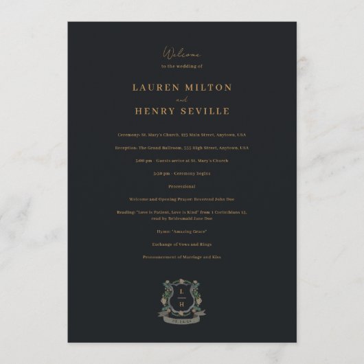 Floral Crest Waterverf Monogram Bruiloft Programmakaart (Voorkant)