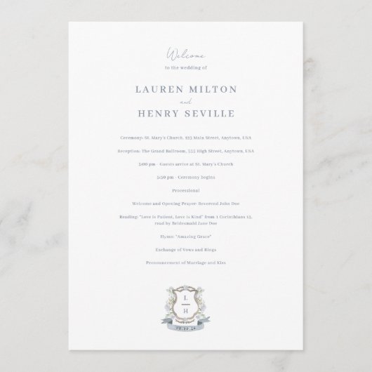 Floral Crest Waterverf Monogram Bruiloft Programmakaart (Voorkant)