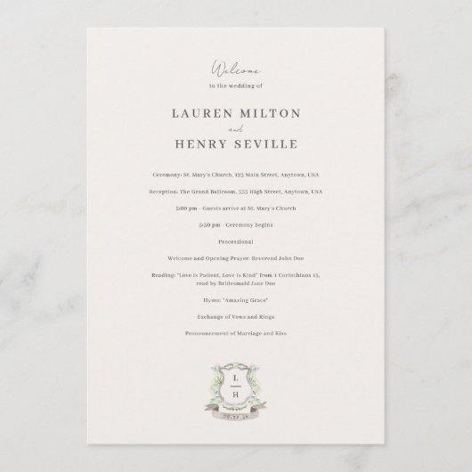 Floral Crest Waterverf Monogram Bruiloft Programmakaart (Voorkant)