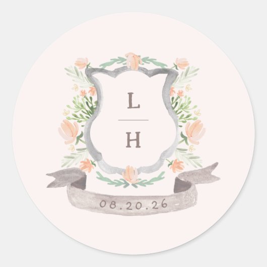 Floral Crest Waterverf Monogram Bruiloft Ronde Sticker (Voorkant)