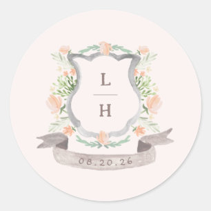 Floral Crest Waterverf Monogram Bruiloft Ronde Sticker