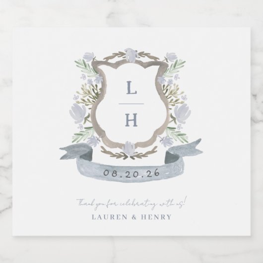 Floral Crest Waterverf Monogram Bruiloft Sparkling Wijnetiket (Enkel label)