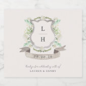 Floral Crest Waterverf Monogram Bruiloft Sparkling Wijnetiket (Enkel label)