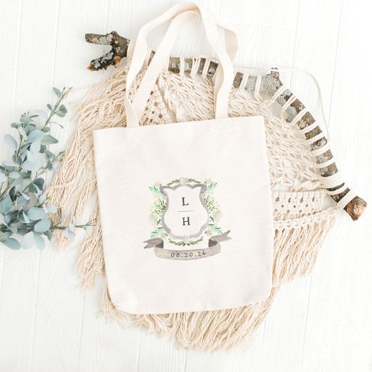 Floral Crest Waterverf Monogram Bruiloft Tote Bag