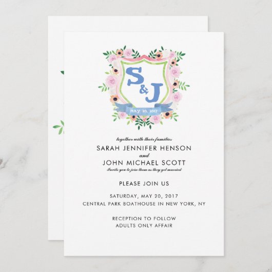 Floral Crest Wedding Uitnodiging (Voorkant / Achterkant)