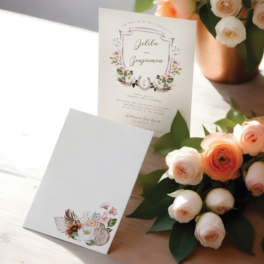 Floral Crest Western Hoefijzer Monogram Bruiloft Kaart