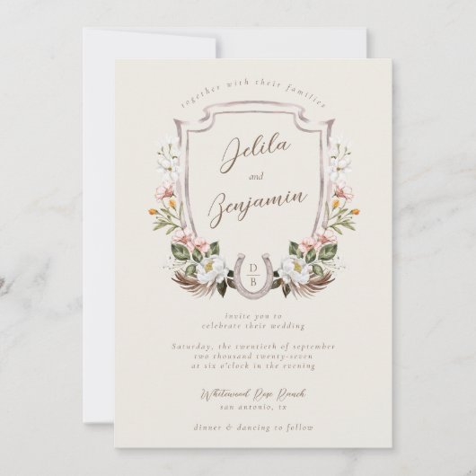 Floral Crest Western Hoefijzer Monogram Bruiloft Kaart (Voorkant)