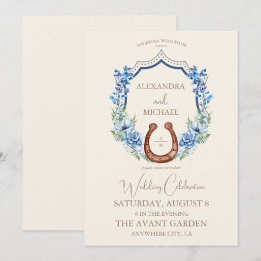 Floral Crest Western Hoefijzer Monogram Bruiloft Kaart (Voorkant / Achterkant)