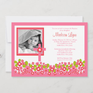 Floral Cross Baby Girl Foto Baptisme Kaart